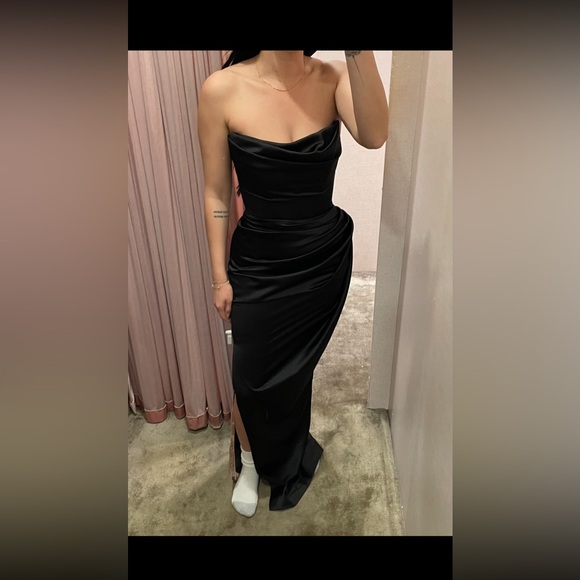House of CB Black Satin Strapless Corset Maxi Dress